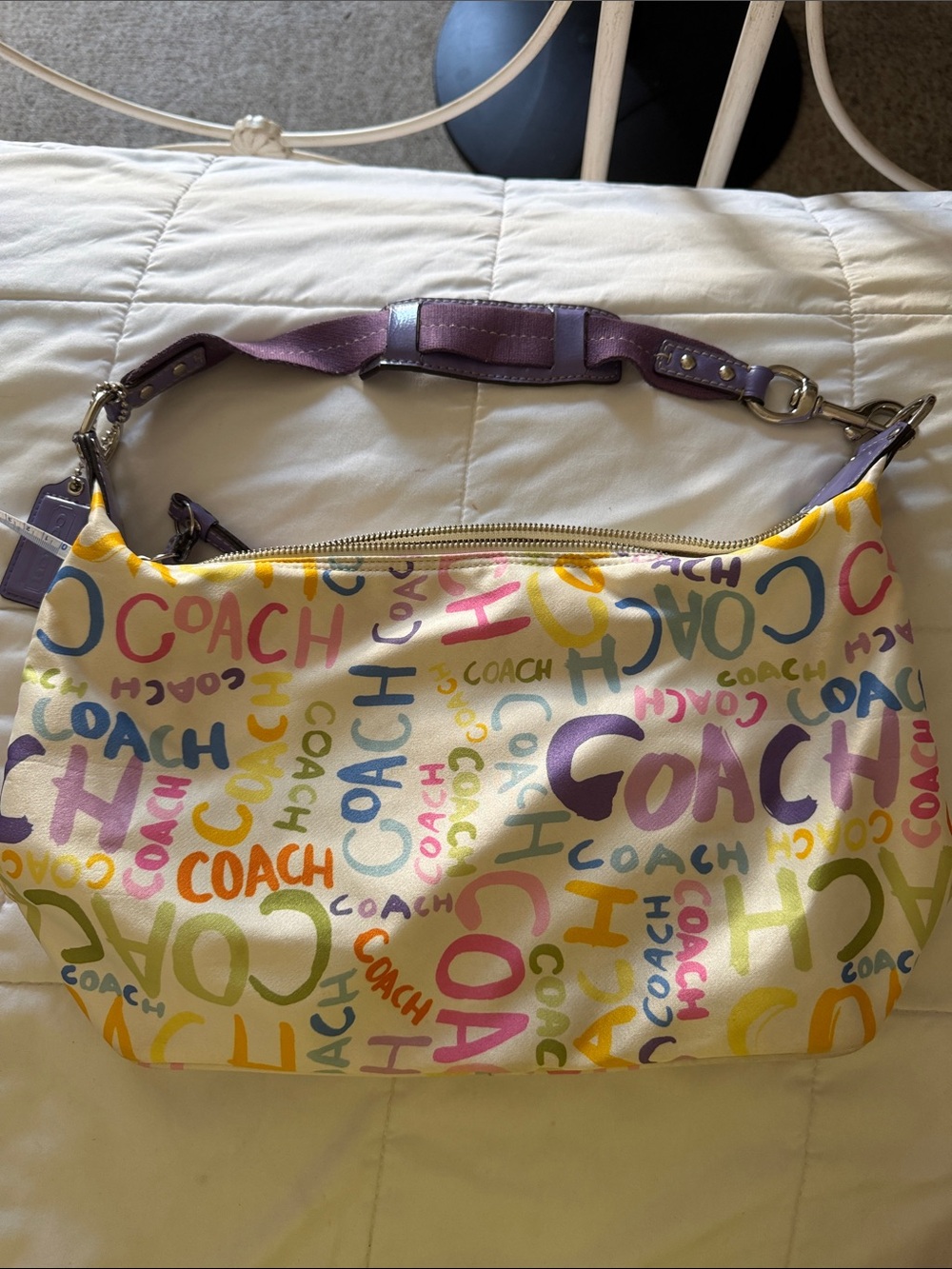 Coach Multicolor Graffiti Logo Shoulder Bag with Purple Strap